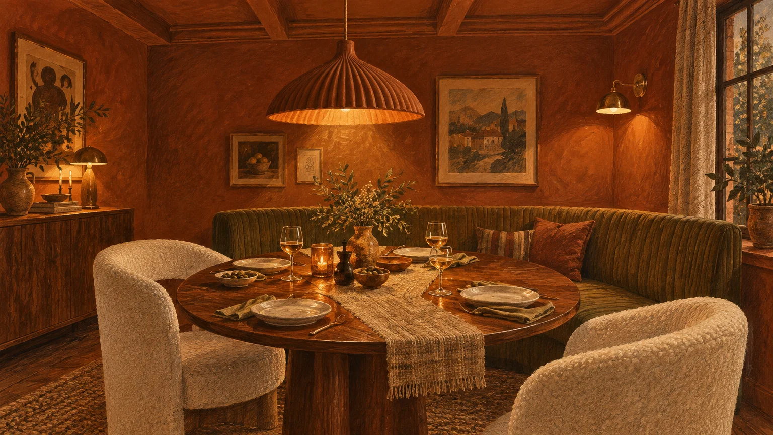 Warm dining room with a round wooden table, green curved banquette, bouclé chairs, and terracotta plaster walls.