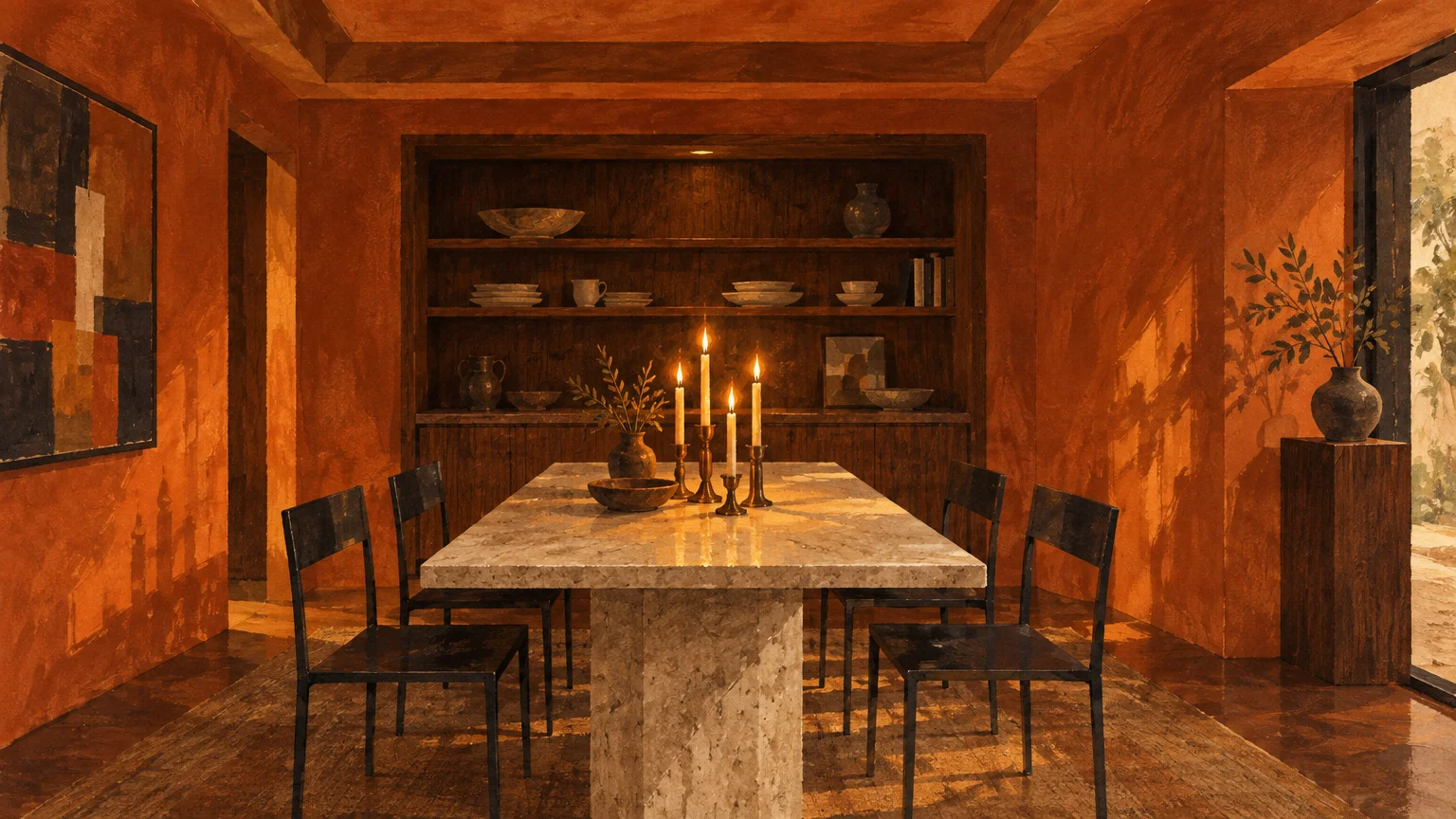 Dining room with warm terracotta plaster walls, a stone table, black metal chairs, lit candles, and built-in wood shelving.