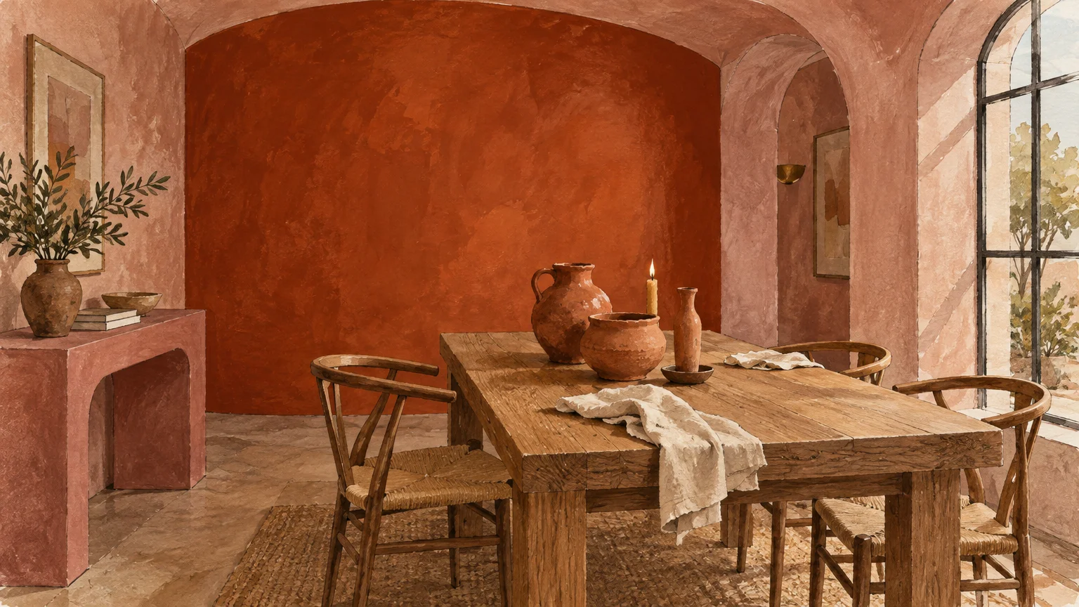 Gouache painting of an arched dining room with terracotta and pink plaster walls, a wooden table, and clay pottery.