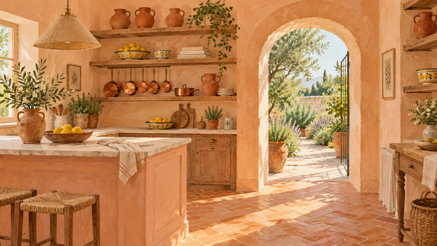 Gouache illustration of a Mediterranean kitchen with peach plaster walls, terracotta tile floors, and an arched doorway.
