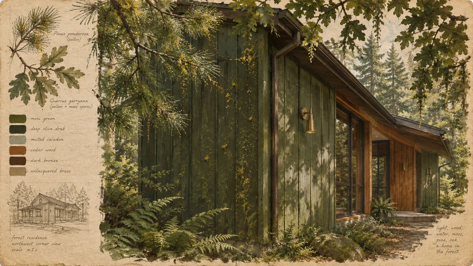 Architectural illustration of a green wooden forest house beside botanical sketches and a color palette swatch.