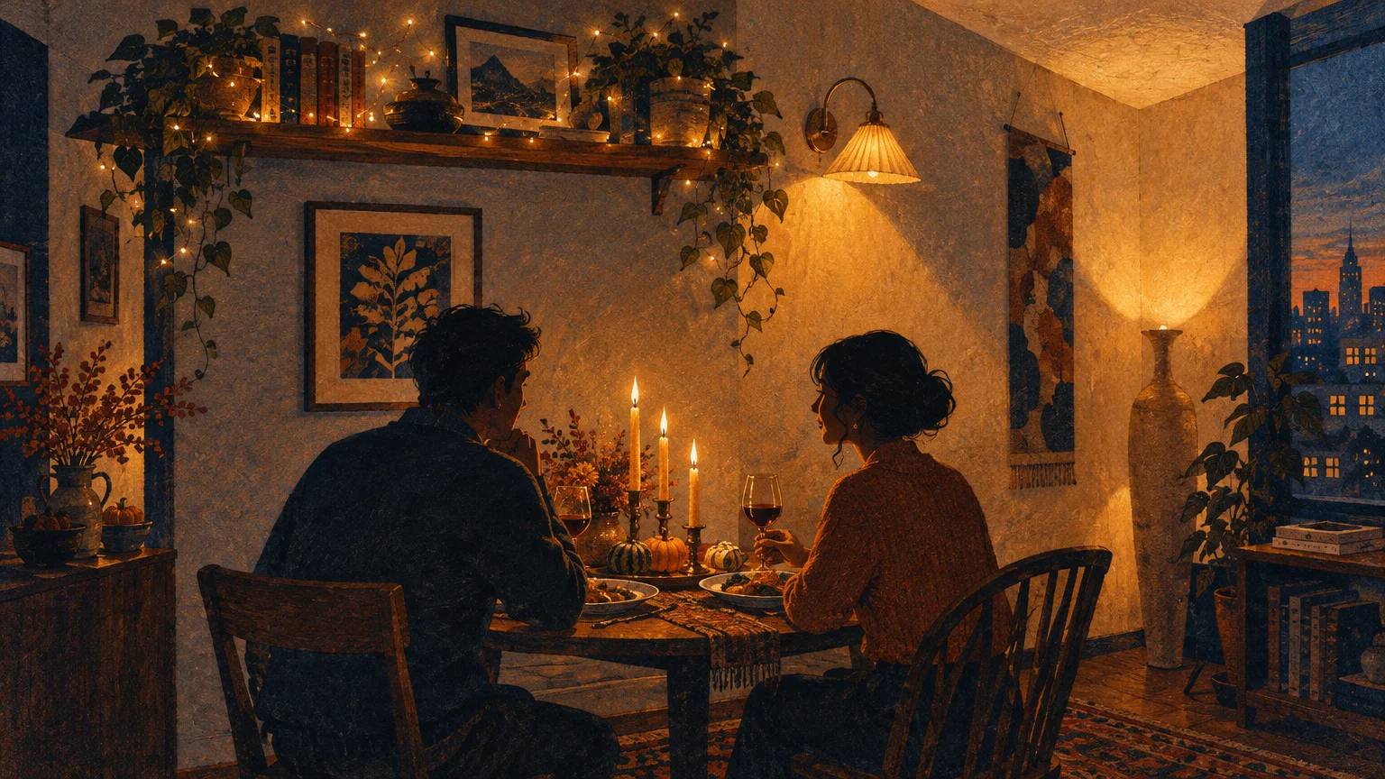 Illustration of a couple dining at a candlelit table surrounded by fairy lights and a warm glowing wall sconce.