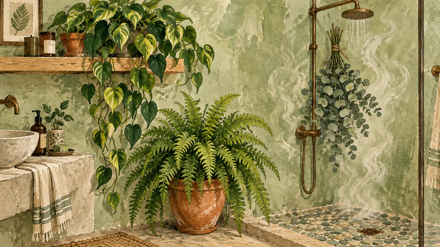 Illustration of a green bathroom with potted ferns, trailing philodendron, and eucalyptus hanging by a brass showerhead.