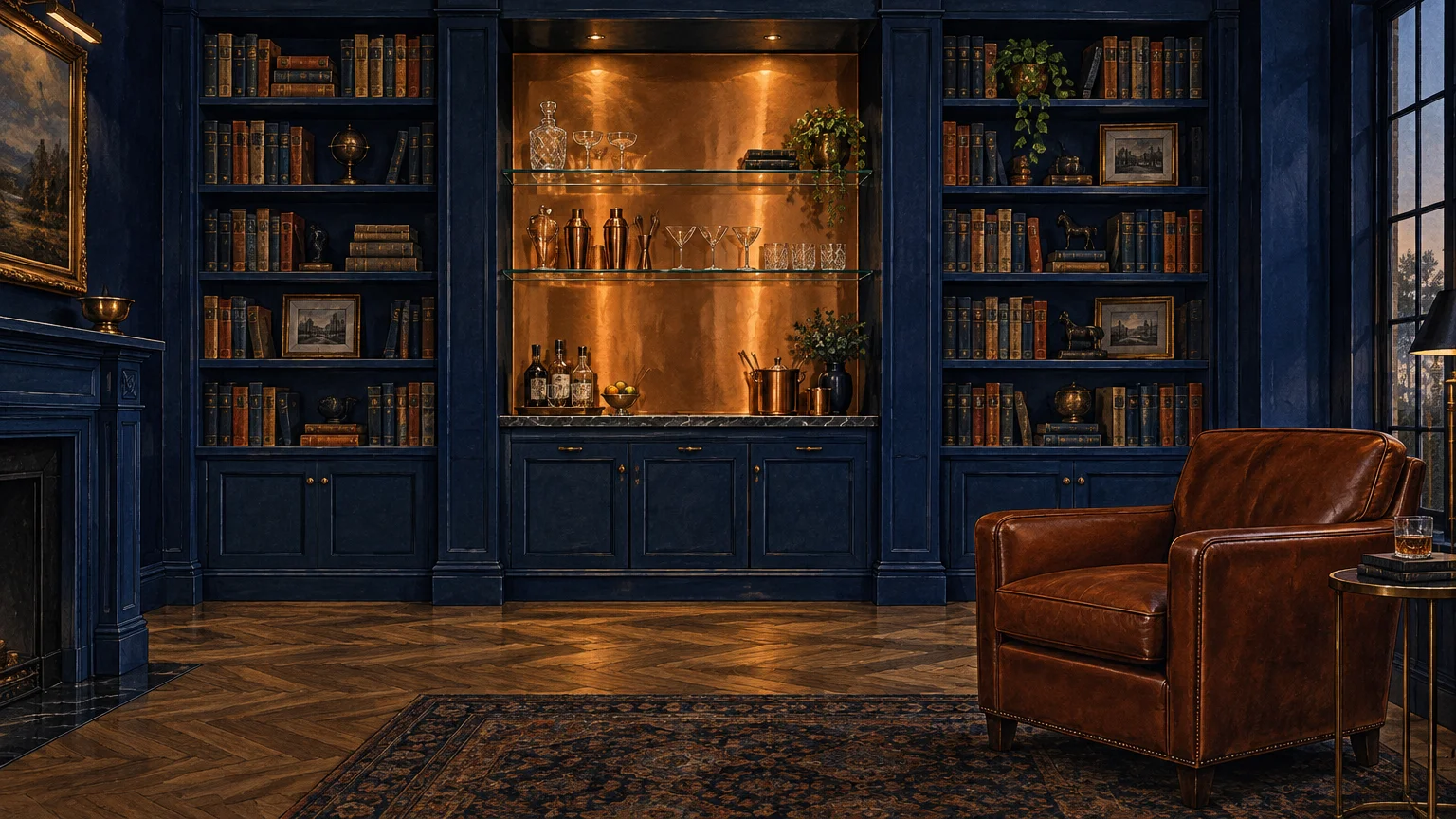 Built-in midnight navy library bookshelves flanking an illuminated copper bar niche, alongside a warm brown leather armchair.