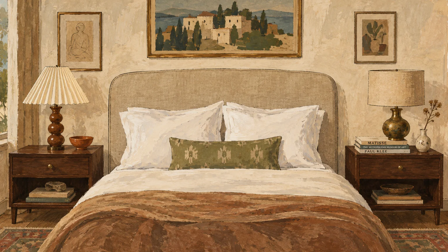 Gouache painting of a symmetrical bedroom with wood nightstands, table lamps, framed artwork, and an upholstered bed.