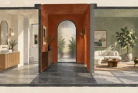 Gouache illustration of three rooms with gray tiled floors: a bathroom, an orange-walled hallway, and a sage green living room.