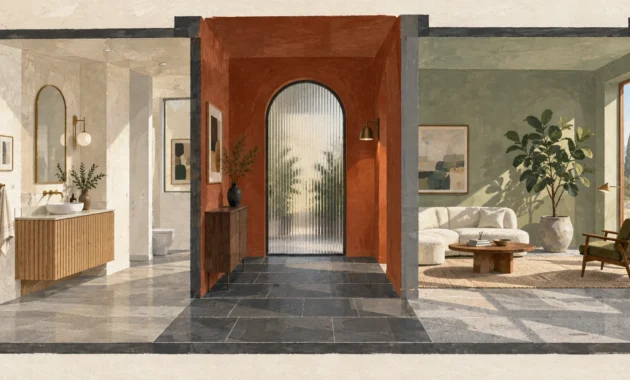 Gouache illustration of three rooms with gray tiled floors: a bathroom, an orange-walled hallway, and a sage green living room.