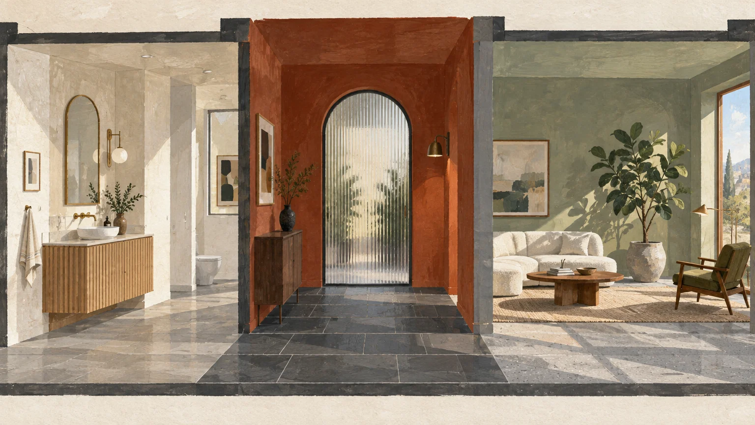 Gouache illustration of three rooms with gray tiled floors: a bathroom, an orange-walled hallway, and a sage green living room.