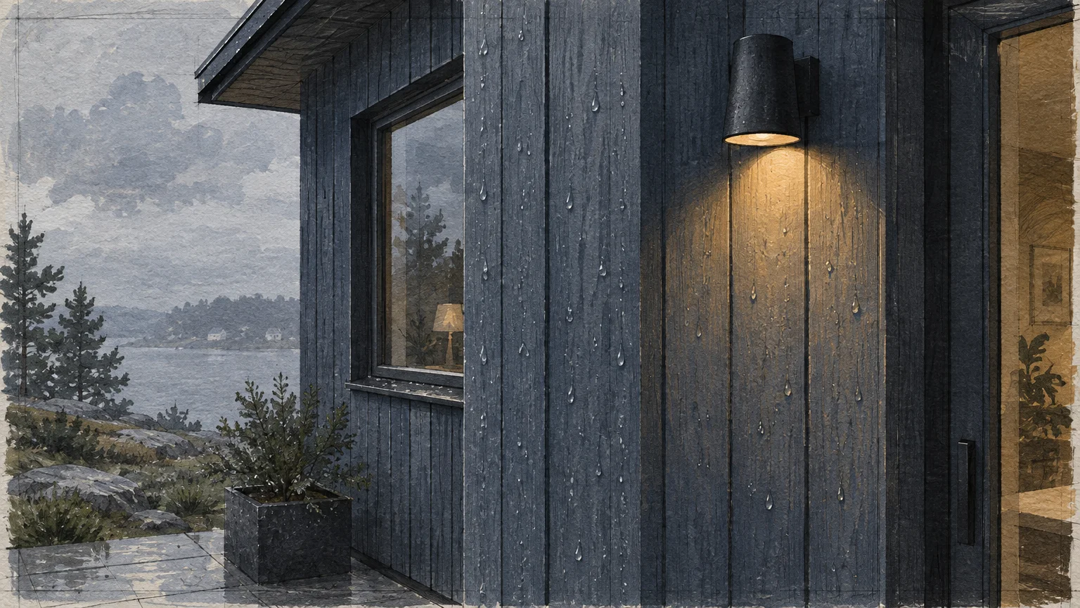 Illustration of rain droplets on stormy blue-gray vertical wood siding illuminated by an exterior sconce light.
