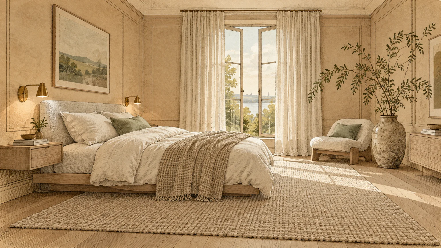 Gouache and ink illustration of a sunlit neutral bedroom with an open French window, low bed, woven rug, and plant.