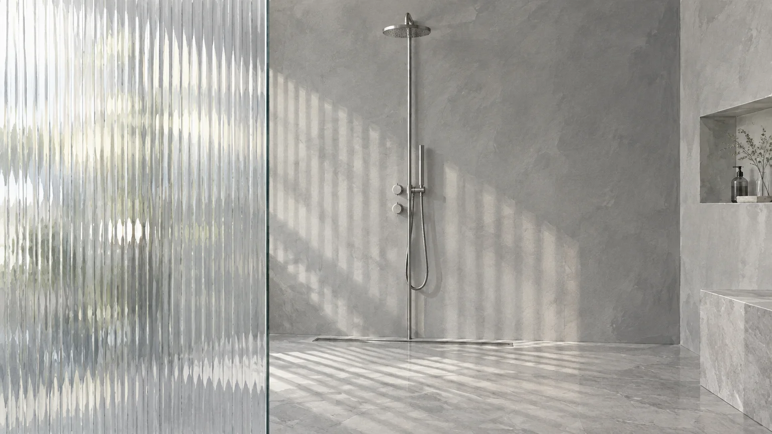 Walk-in shower with textured fluted glass partition, sleek stainless steel fixtures, and soft grey plaster walls.