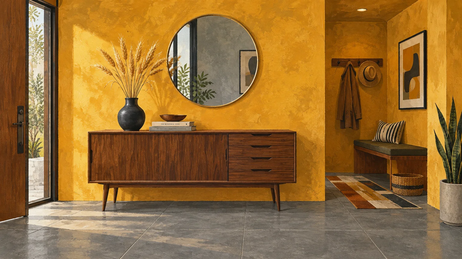 Textured ochre entryway featuring a mid-century walnut sideboard, round mirror, and gray tiled floor.