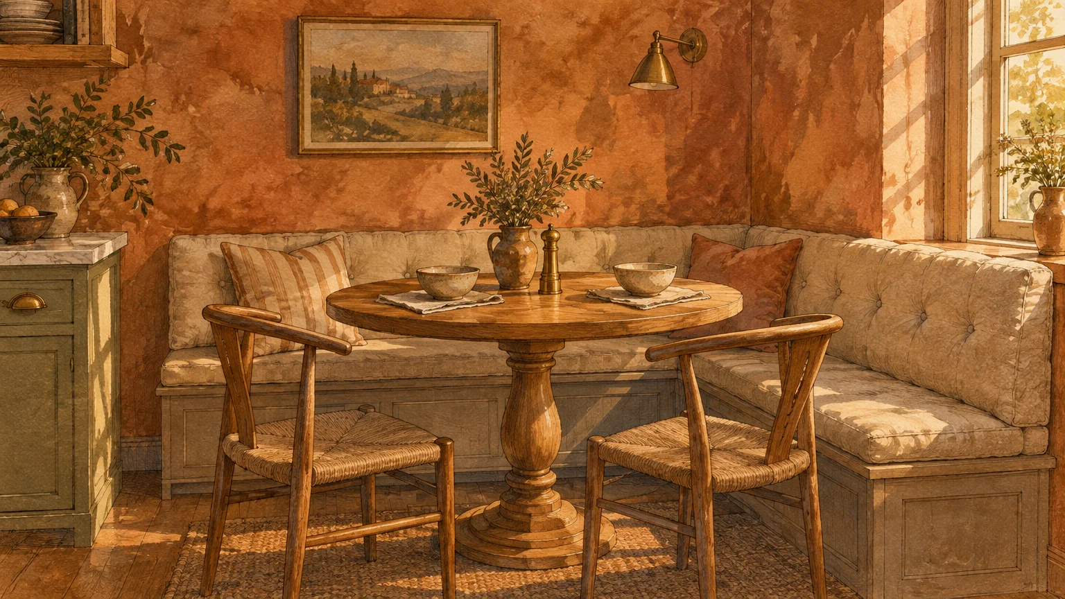 Illustration of a cozy breakfast nook with a round wood table, corner banquette, and warm terracotta-washed walls.