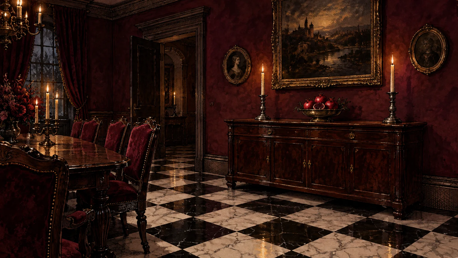 Moody dining room with dark red walls, candlelit wooden furniture, framed paintings, and black and white checkerboard tile.