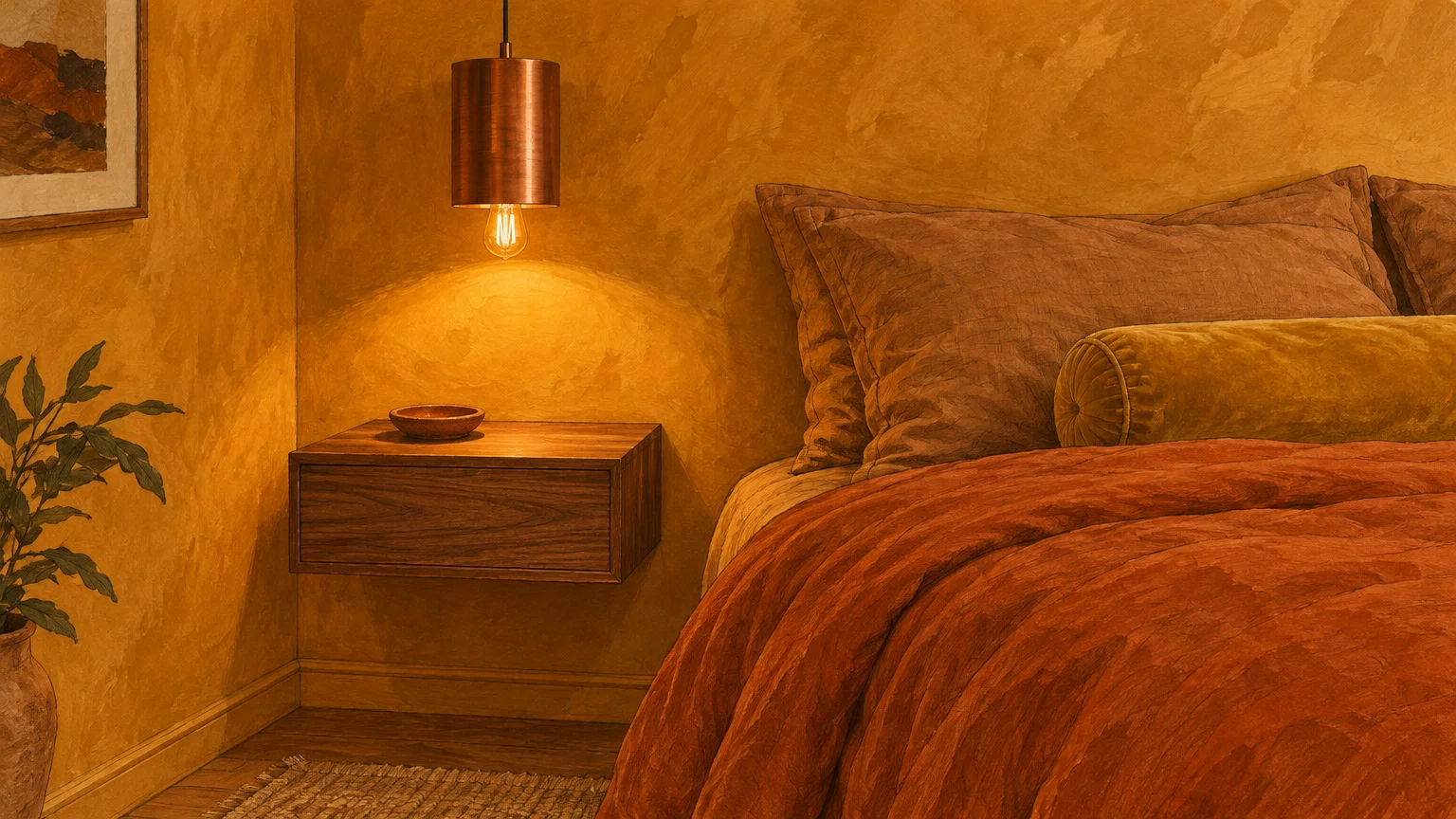 Ochre bedroom with a lit copper pendant lamp above a floating wood nightstand and rust-colored bedding.