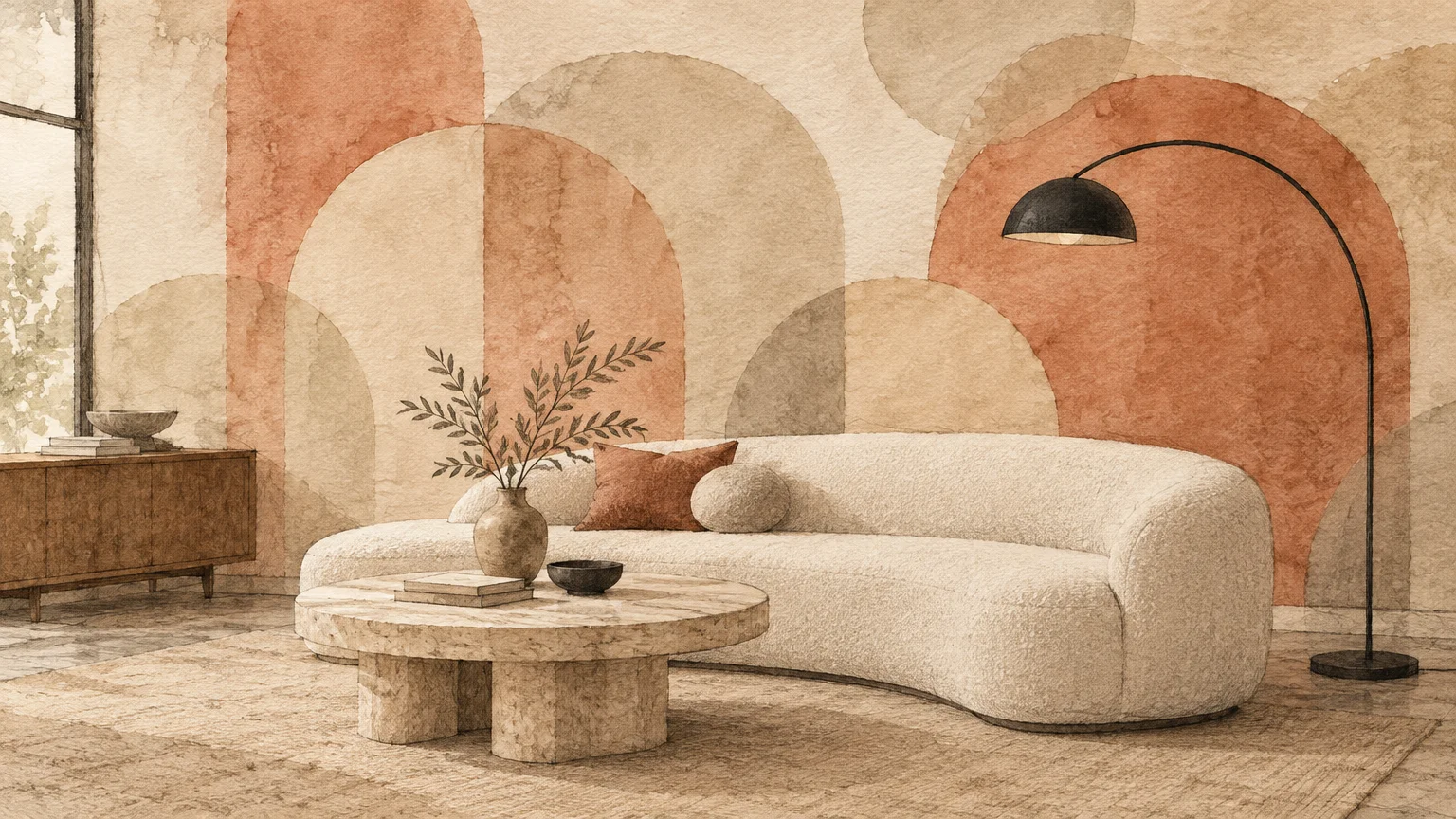 Illustration of a modern living room featuring curved neutral sofa and wall with terracotta and beige watercolor arches.