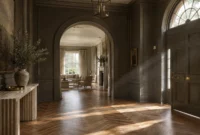Grand entry hall with dark gray paneled walls, herringbone wood floors, arched doorway, and light streaming across the floor.