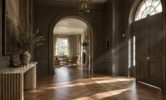 Grand entry hall with dark gray paneled walls, herringbone wood floors, arched doorway, and light streaming across the floor.