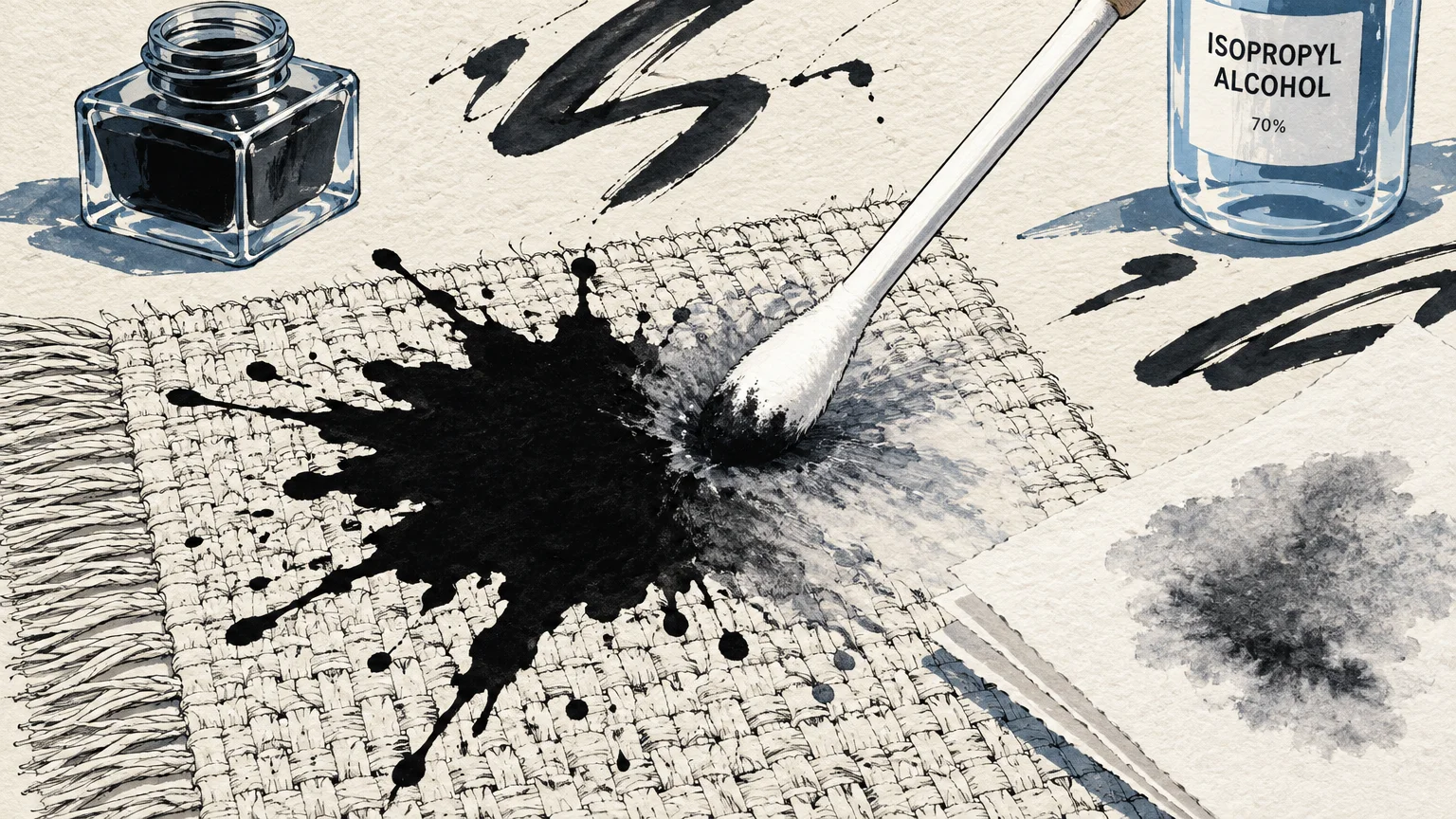 A cotton swab treats a black ink splatter on a woven mat beside an inkwell and a bottle of isopropyl alcohol.