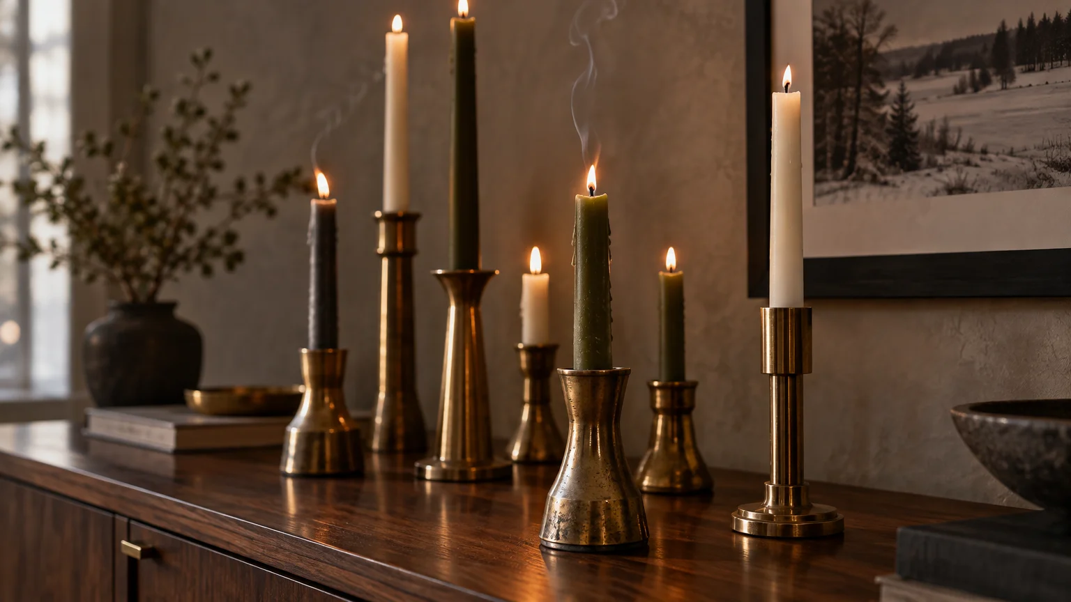 Lit white and green taper candles in brass candlesticks of varying heights arranged on a wooden credenza.
