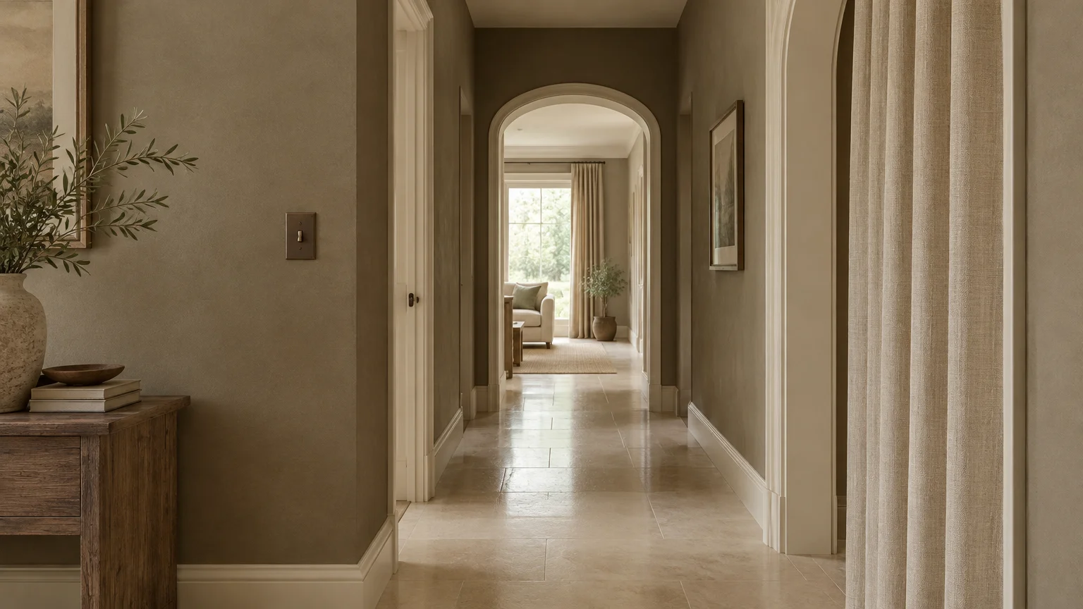 Long arched hallway with taupe walls, tiled stone flooring, off-white trim, linen drapery, and a wooden console table.