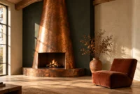 Hammered copper fireplace with burning logs in a modern living room beside a dark accent wall and rust-toned armchair.