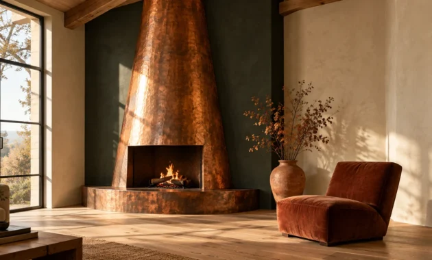 Hammered copper fireplace with burning logs in a modern living room beside a dark accent wall and rust-toned armchair.