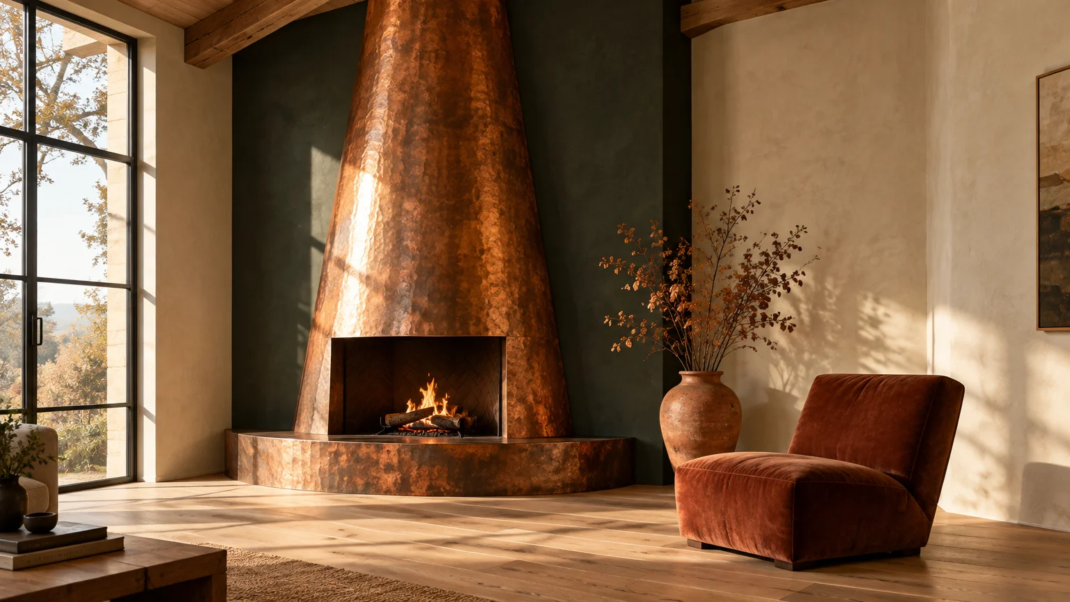 Hammered copper fireplace with burning logs in a modern living room beside a dark accent wall and rust-toned armchair.
