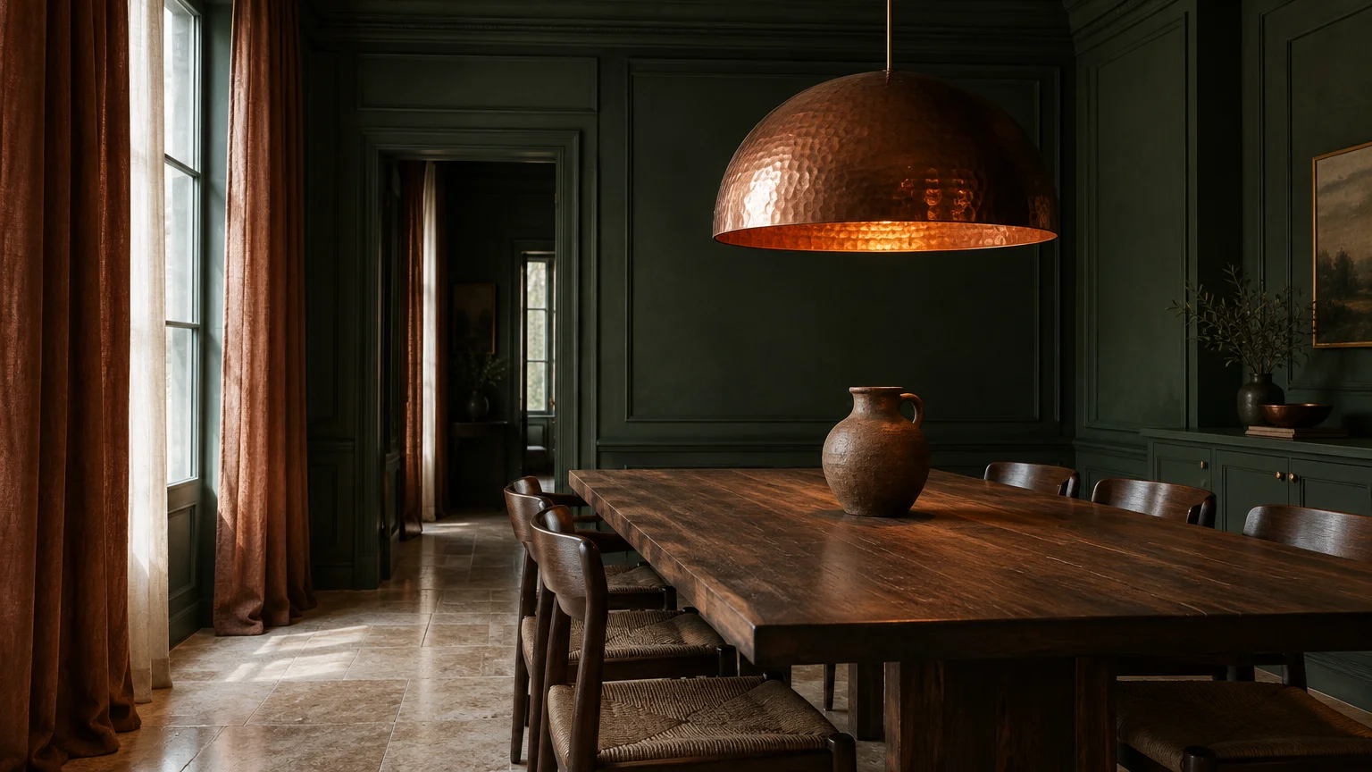 Dark green dining room featuring a hammered copper dome pendant light hanging above a rustic wooden dining table and chairs.
