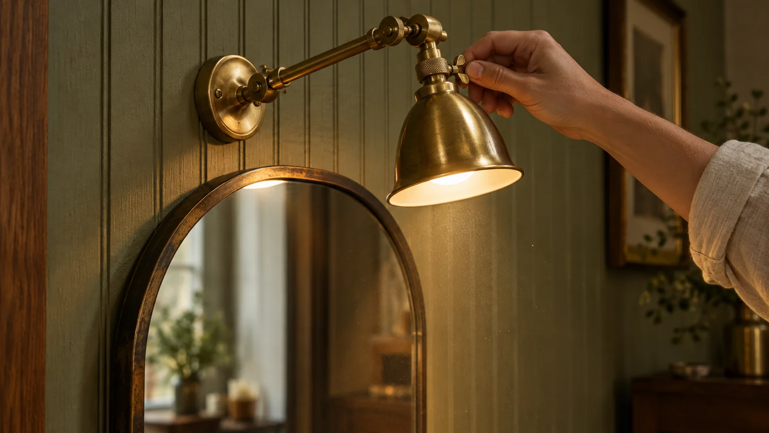 A hand adjusts an illuminated brass articulating sconce mounted on a green paneled wall above an arched mirror.