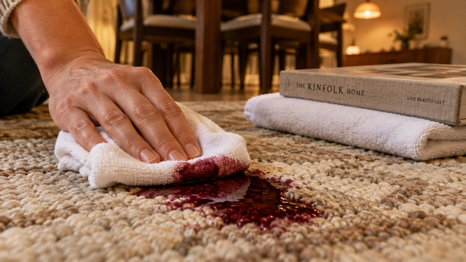 A person blots a red wine spill on a textured carpet using a white microfiber cloth.