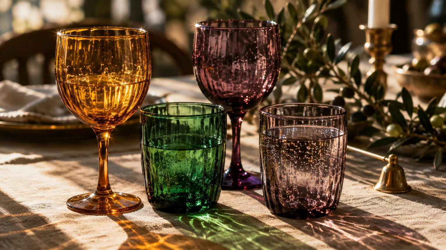 Amber, purple, and green tinted glassware casting colorful sunlight reflections onto a linen dining tablecloth.