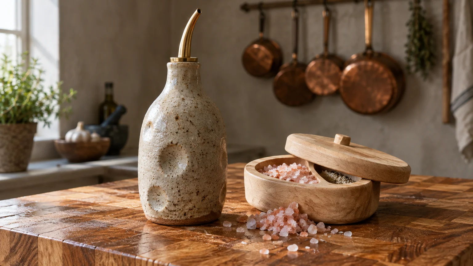 Ceramic oil cruet and a two-compartment wooden salt cellar with coarse salt on a wooden kitchen countertop.