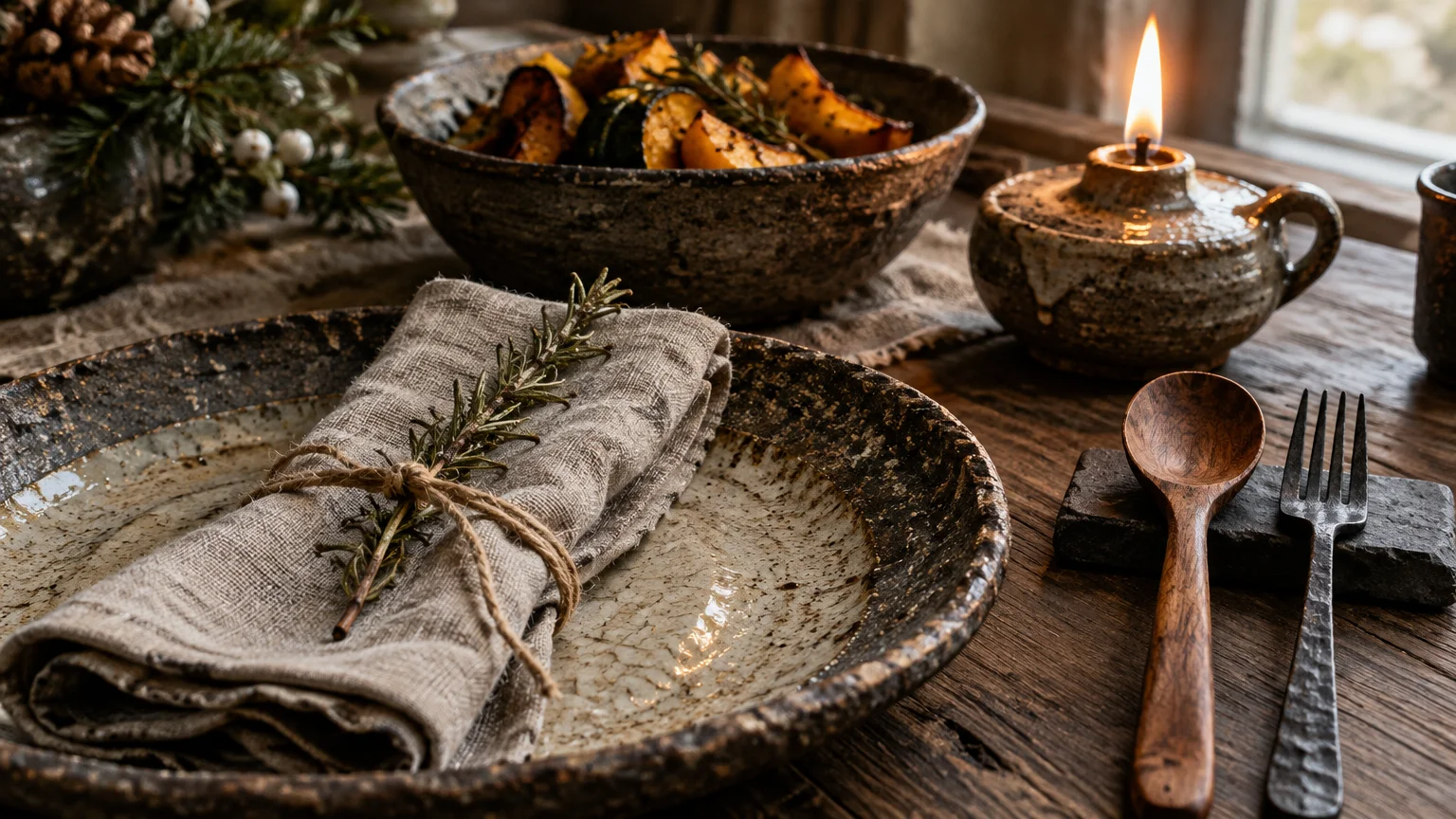 Ceramic plate with a linen napkin and rosemary sprig on a rustic wooden table beside a bowl of food and a candle.