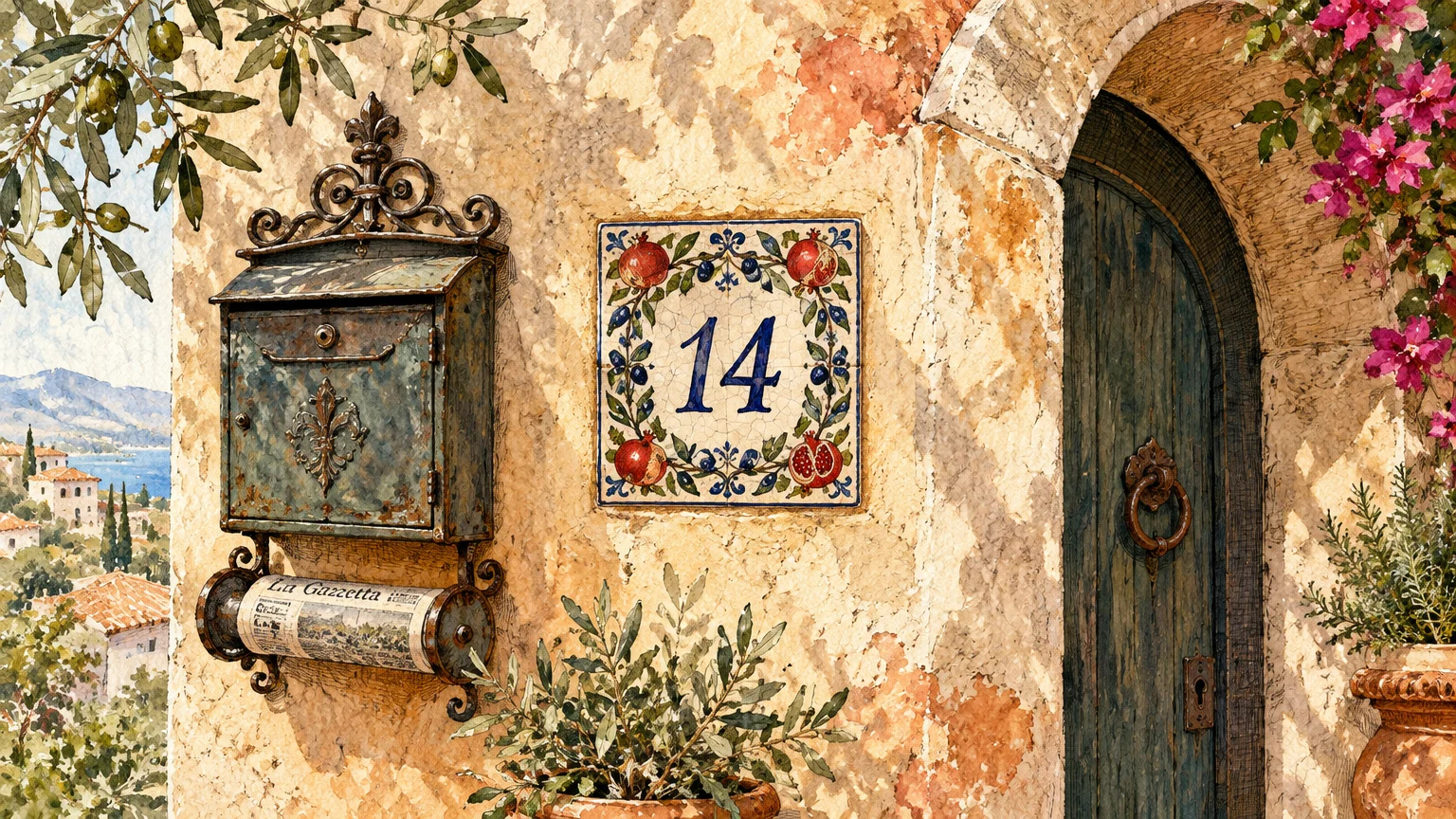 Ceramic house number tile reading 14 beside a vintage mailbox on a Mediterranean stucco wall by an arched doorway.