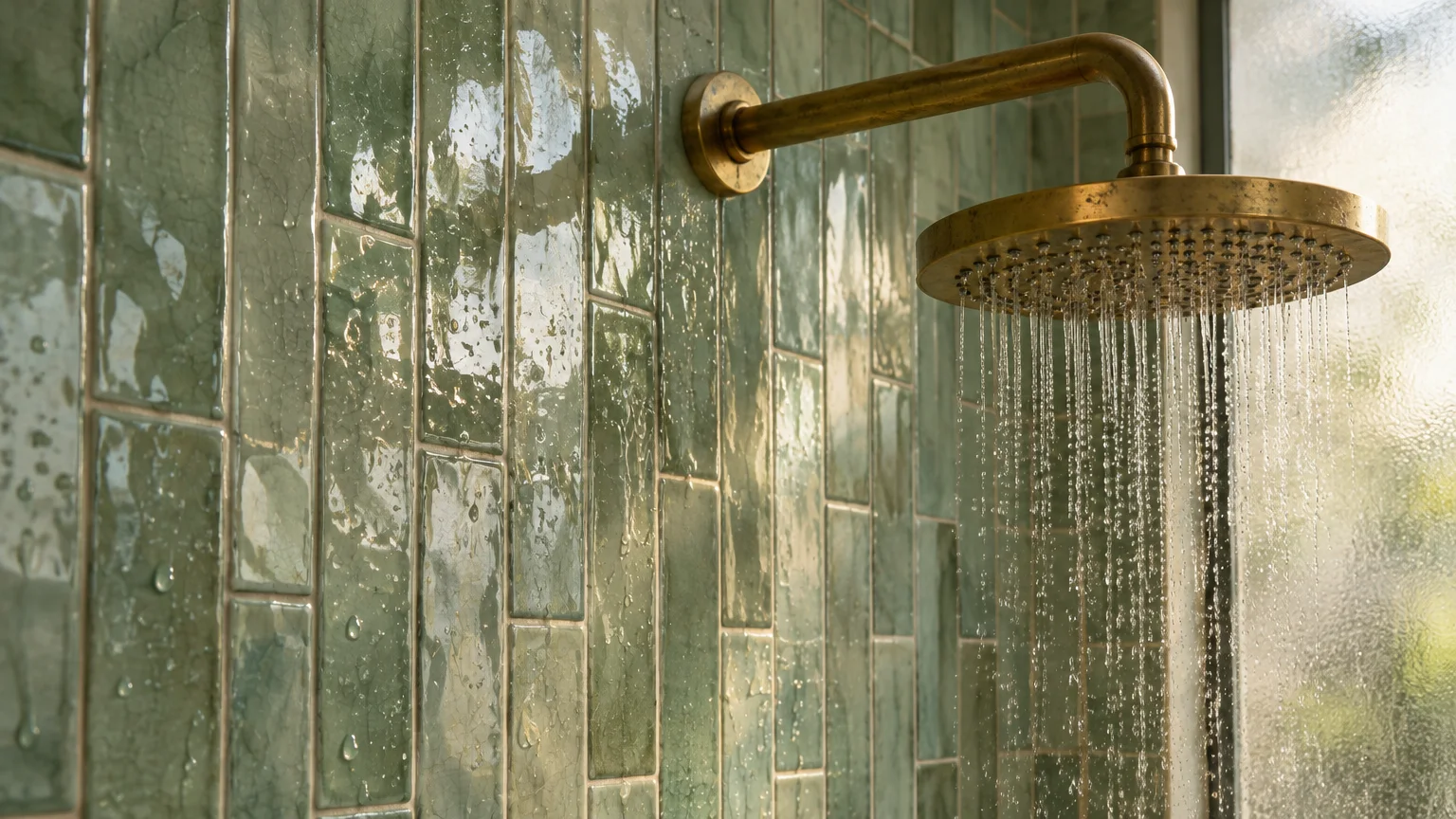 Water flows from a round antique brass showerhead mounted on a wall of glossy, vertical green subway tiles.
