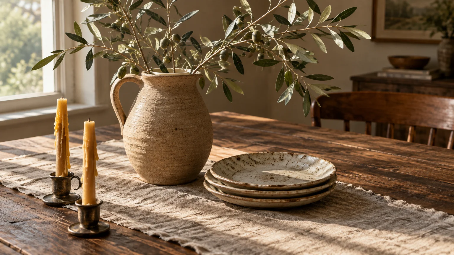 Ceramic pitcher holding olive branches, stacked speckled plates, and two beeswax candles on a rustic wooden dining table.
