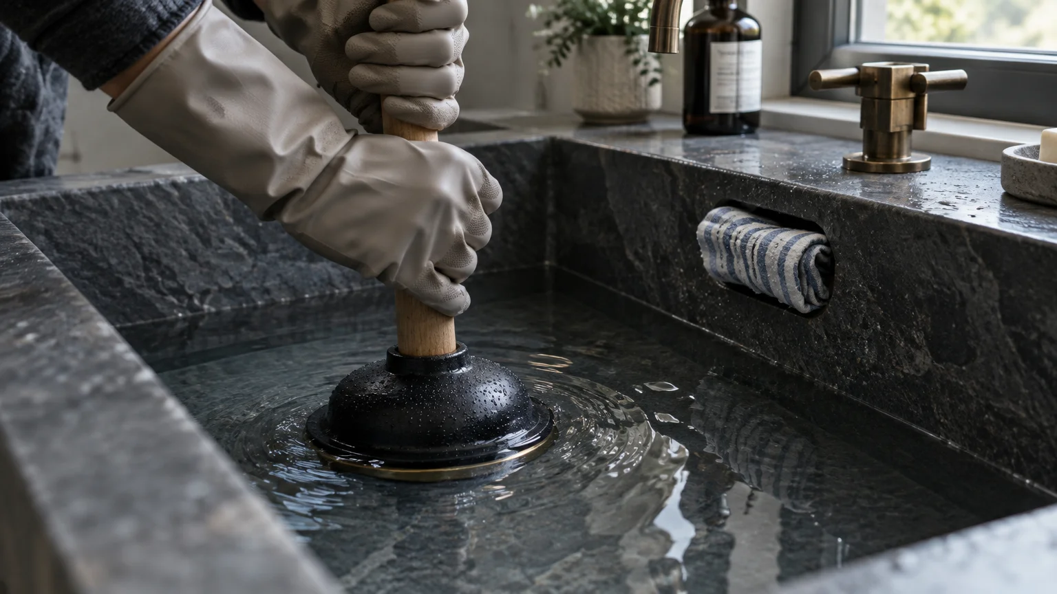 Gloved hands plunging standing water in a stone sink, with a striped cloth blocking the overflow opening.