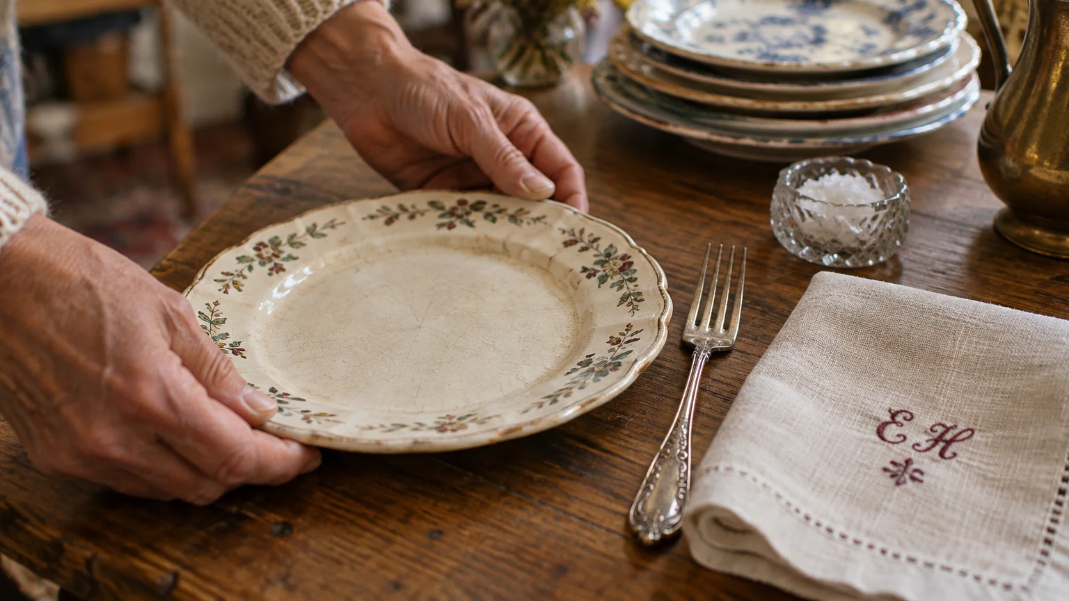 Hands set an antique floral ceramic plate on a wooden table beside a vintage silver fork and monogrammed linen napkin.