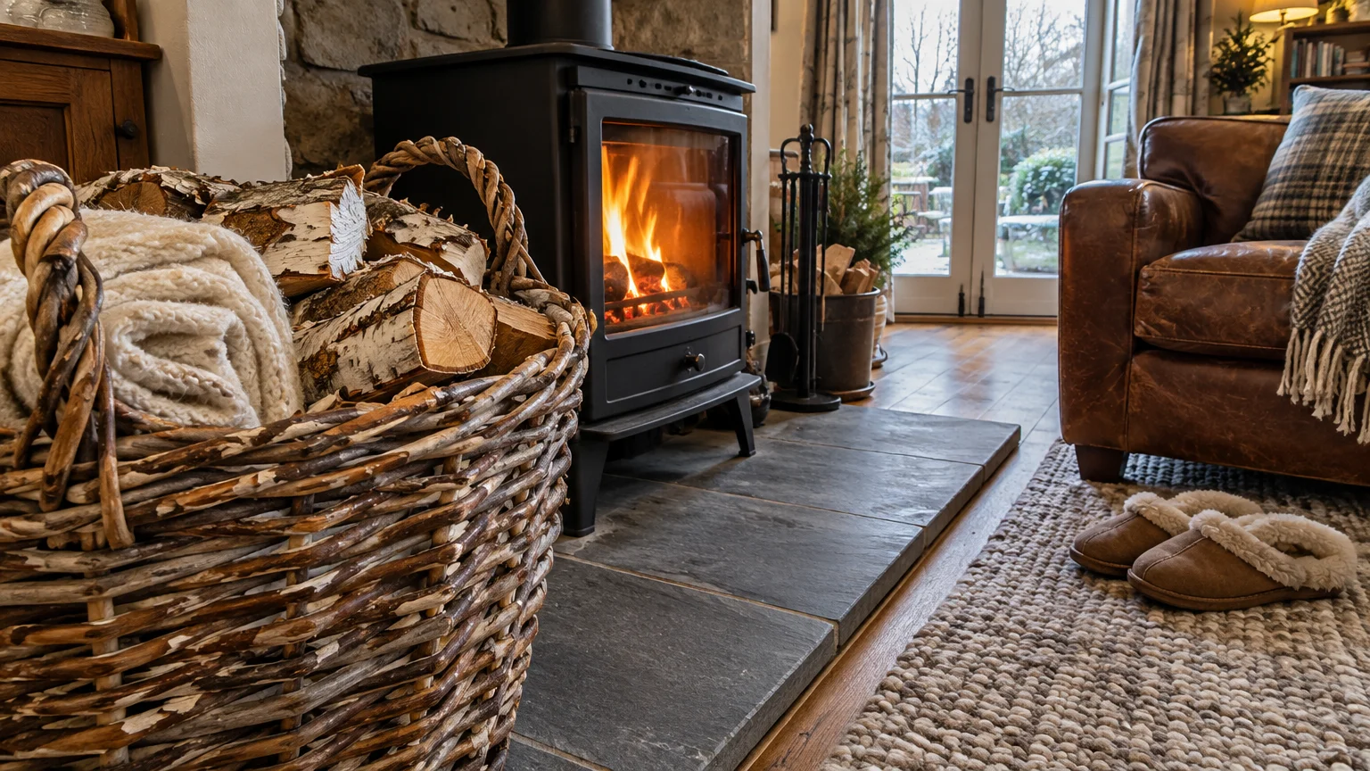A large woven basket filled with birch firewood and a knit blanket beside a glowing wood-burning stove on a slate hearth.