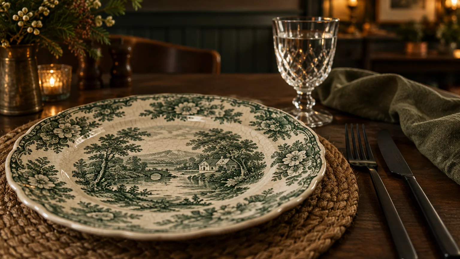 Green transferware plate on a woven placemat beside modern black flatware and a cut crystal goblet on a wooden table.