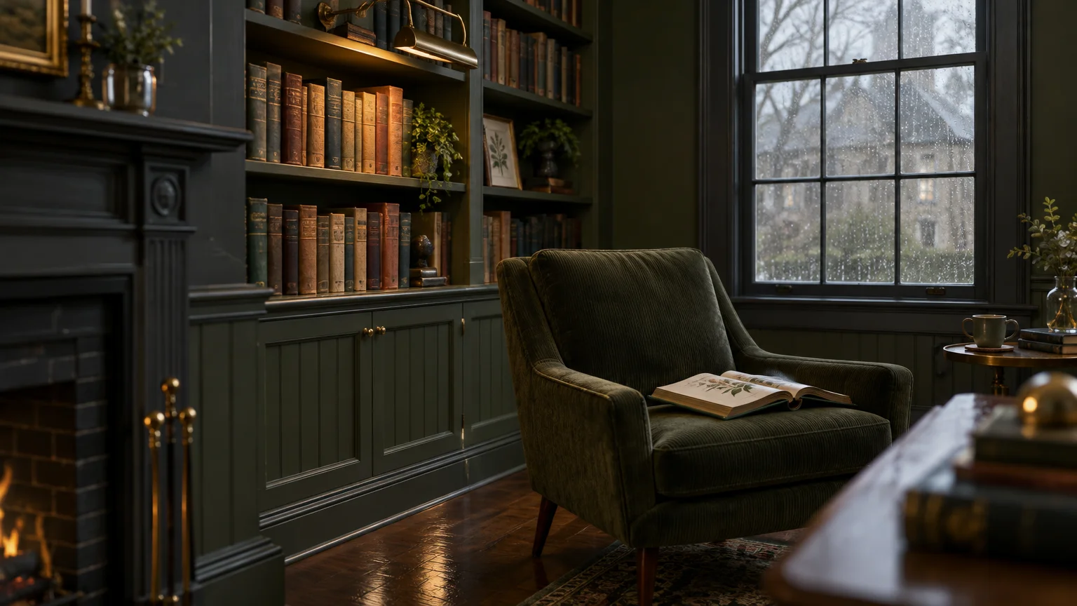 Dark green library with built-in bookshelves, an armchair holding an open book, a fireplace, and a rainy window.