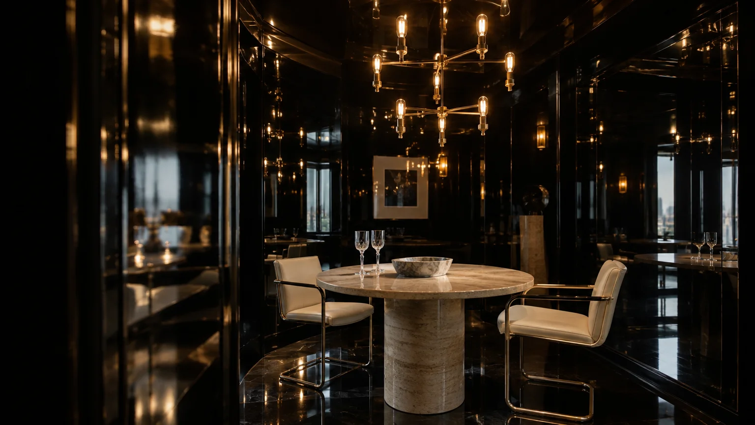 Small dining space featuring glossy black walls, a brass chandelier, a round marble pedestal table, and two modern chairs.
