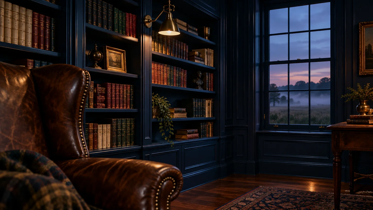 Library room with dark navy blue built-in bookcases, leather armchair, wood floor, and window showing a misty dawn view.