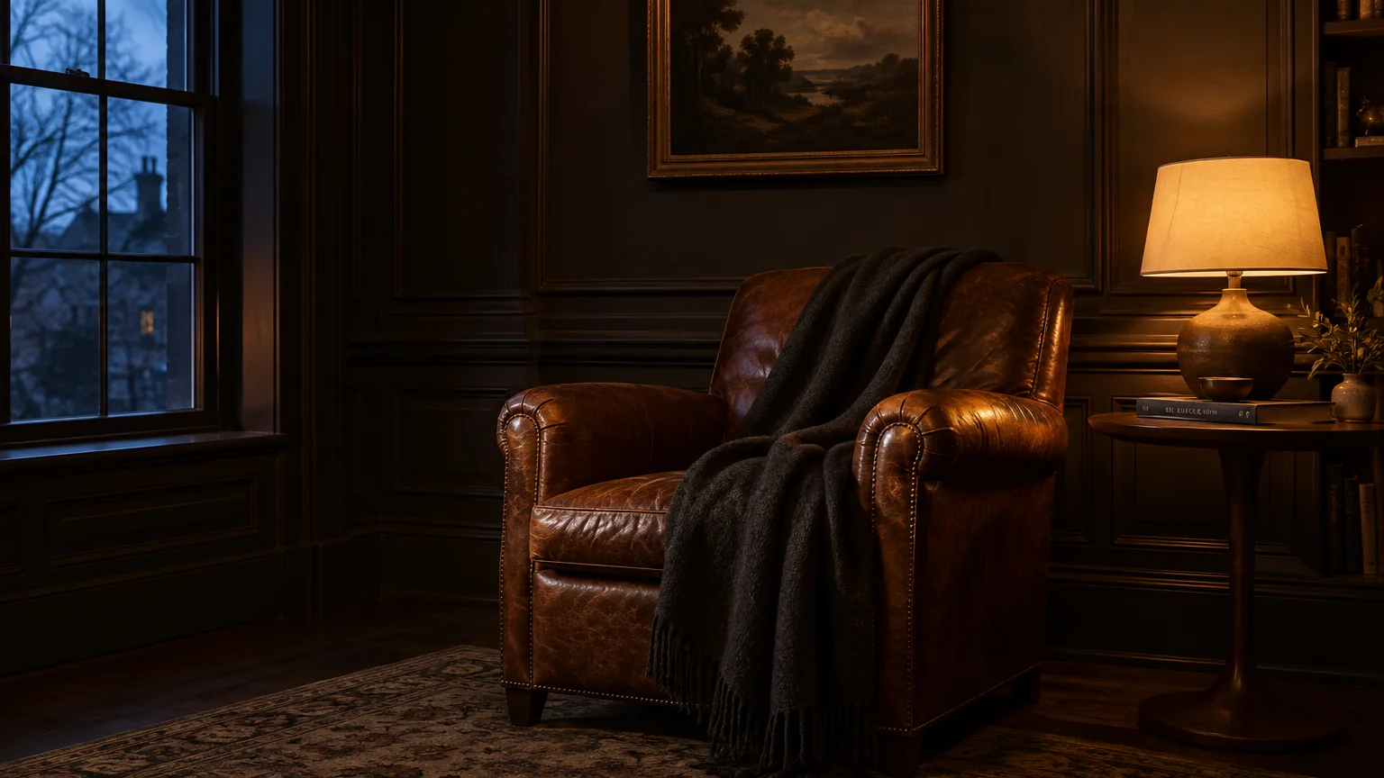 Brown leather armchair with a dark throw blanket beside a glowing table lamp and dusk window in a moody, paneled room.