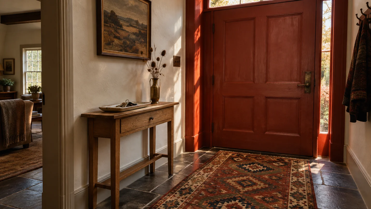 Sunlight illuminates a home entryway featuring a deep rust-red painted front door, wood console table, and patterned rug.