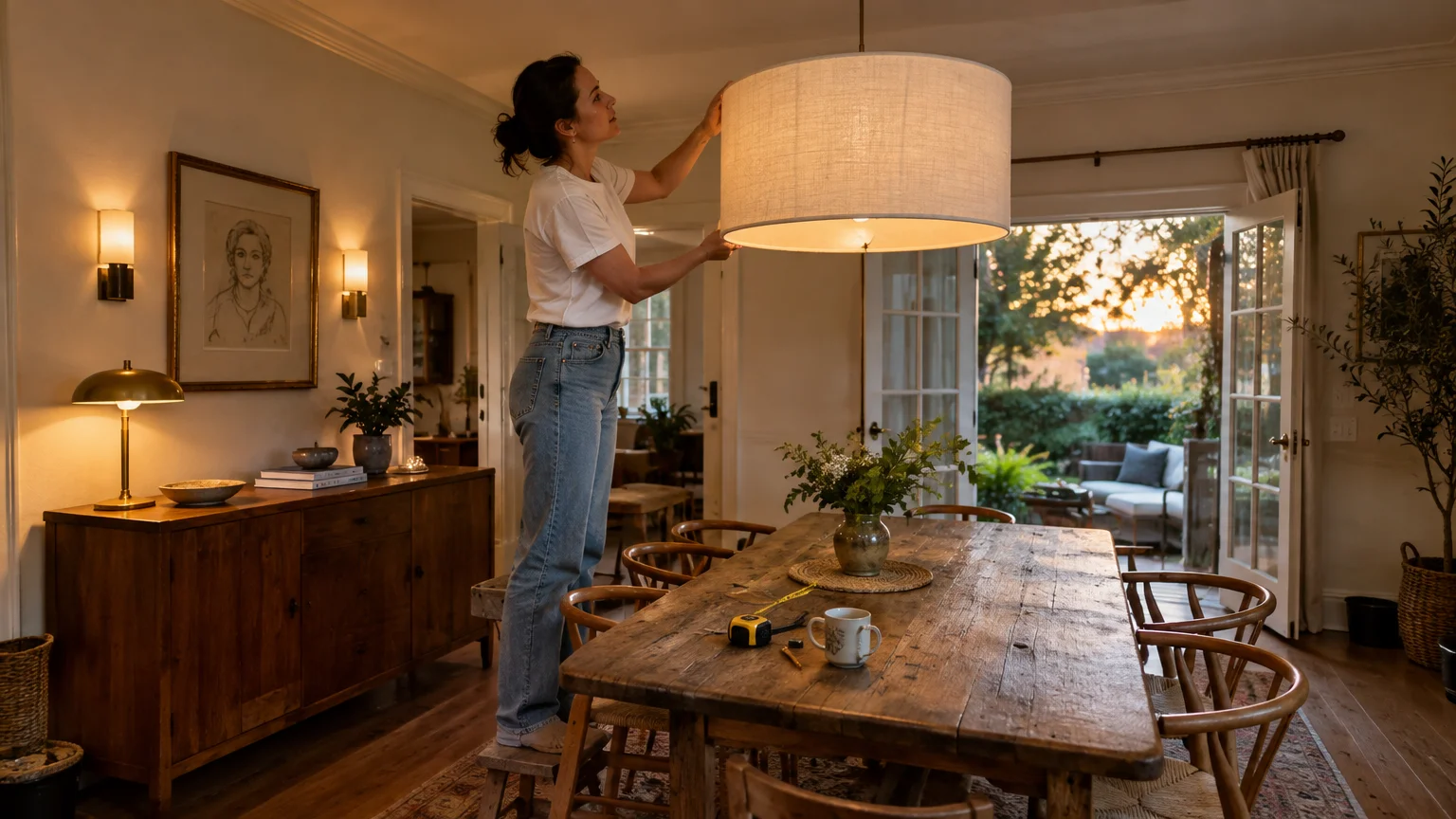 A woman on a step stool adjusts a large drum pendant light hanging over a rustic wooden dining table.