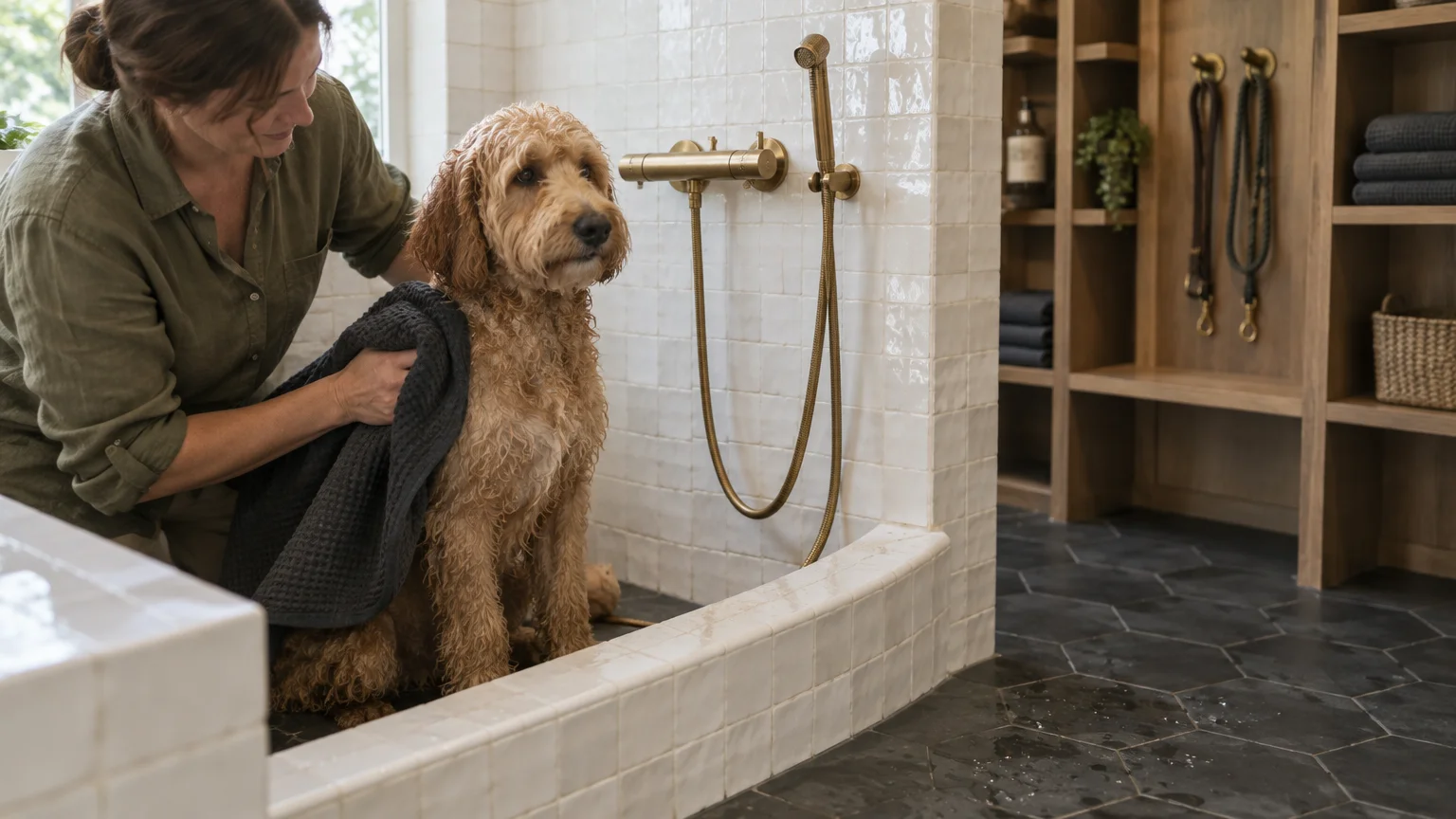 A woman dries a golden dog with a dark towel inside a tiled dog wash station with brass fixtures.