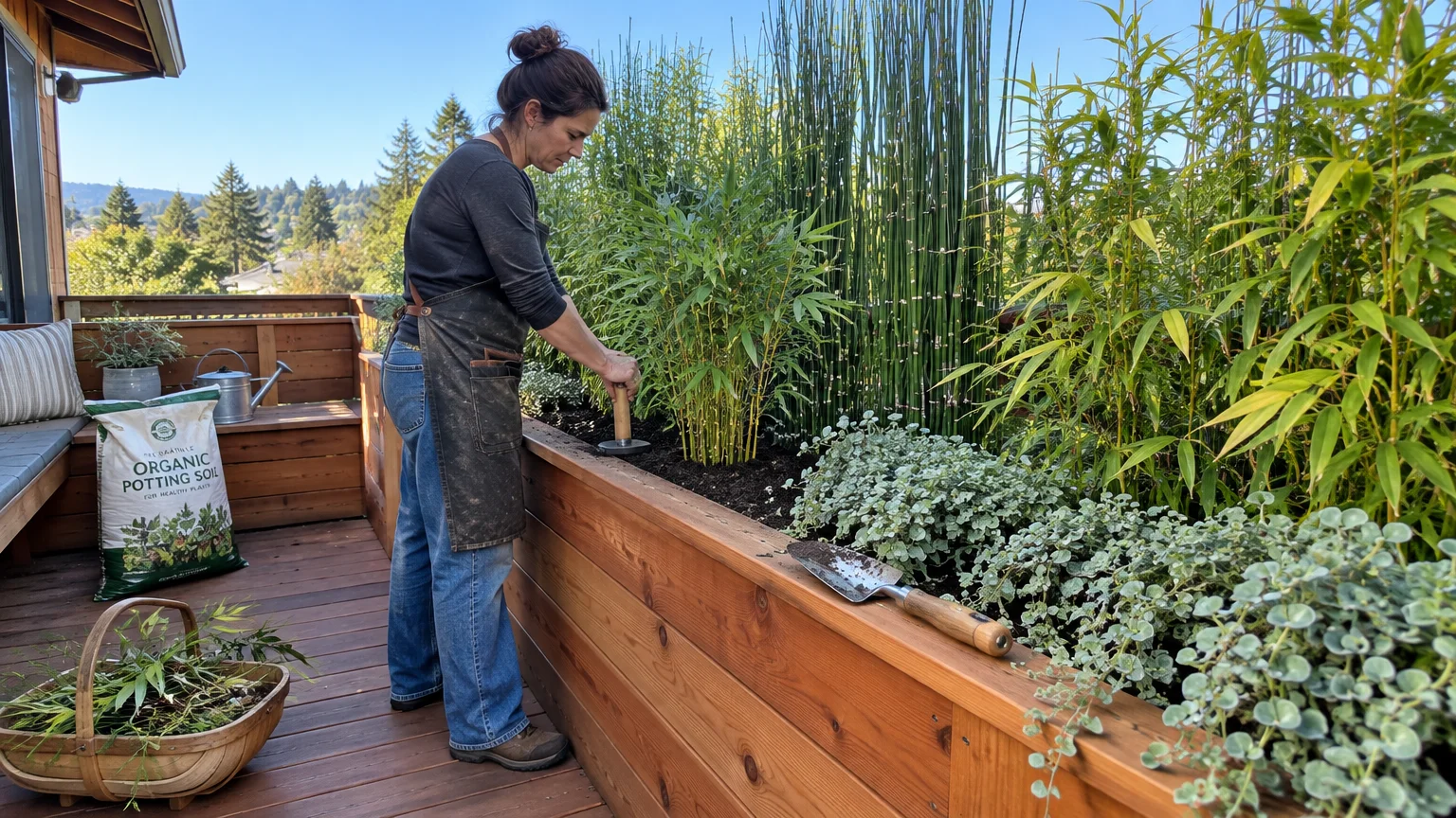 A woman tends to bamboo and plants growing in a long, raised cedar planter box on an outdoor deck.