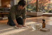 A man kneeling on a textured area rug blurs water with a towel beside a glass bowl and spray bottle.